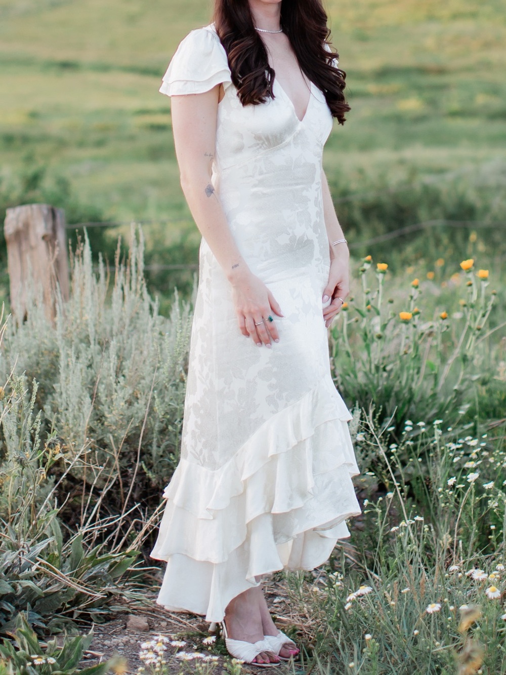BHLDN Ivory Satin Floral V Nexk Midi Dress with Ruffle Hem
